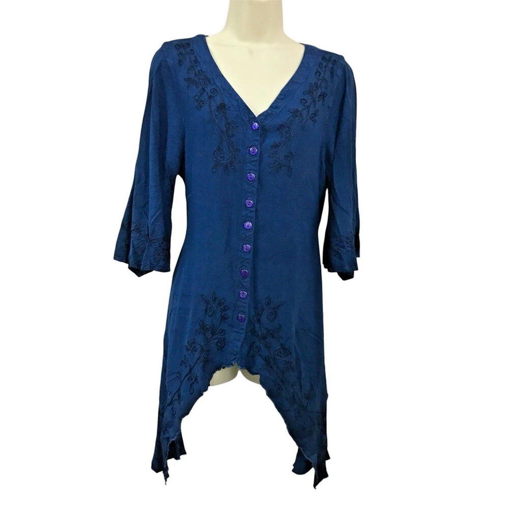 Fairy Top Blouse Embroidery Blue Women L/XL Button Up Advance Apparels BOHO Y2K